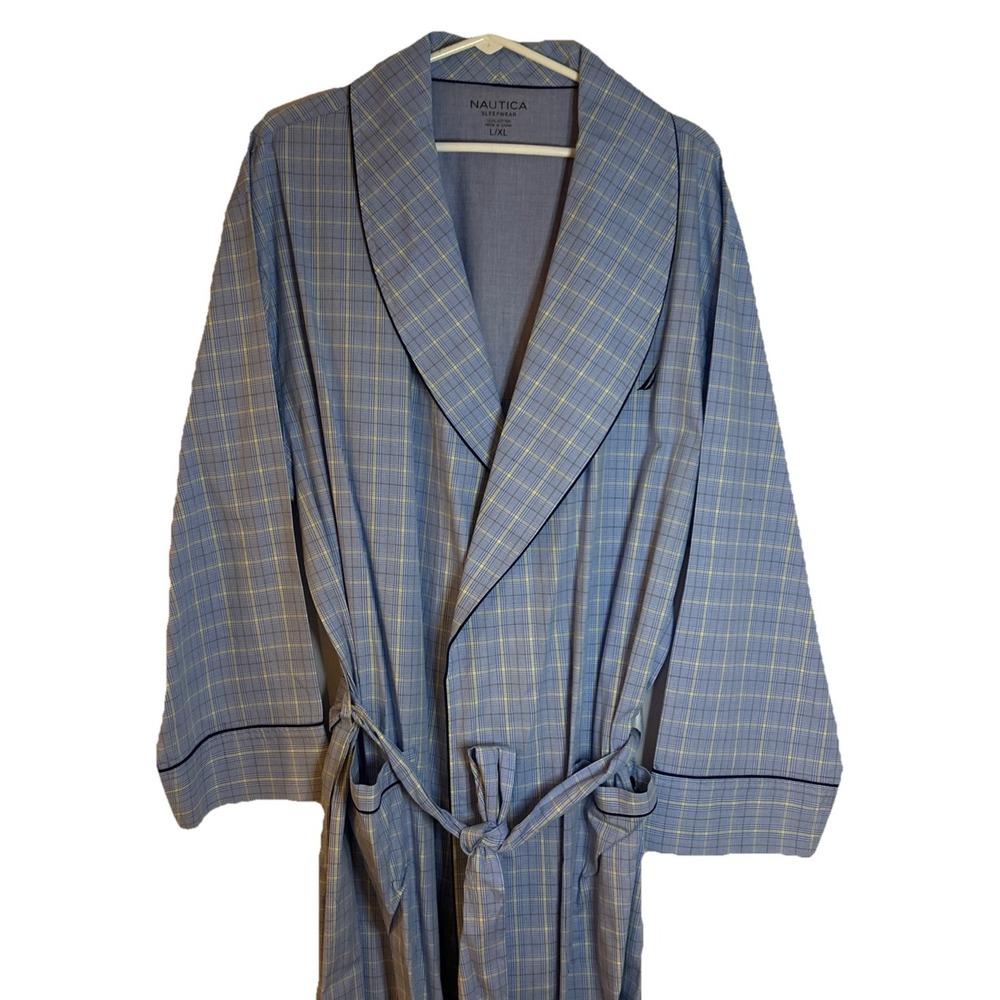 Vintage NAUTICA‎ Men's L/XL Blue Plaid Navy Piping 100% Cotton Bath Robe